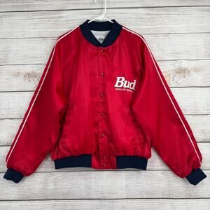 Vintage 90s Budweiser Snap Down Bomber Jacket Adult XXL Red Blue Made in USA